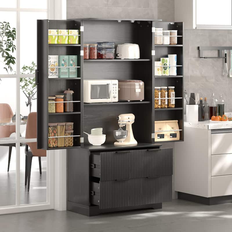 Pantry Storage with 2 Large Drawers, Tall Pantry Storage Cabinet with 8 Door Spice Rack, Freestanding Cupboard Cabinet - Black