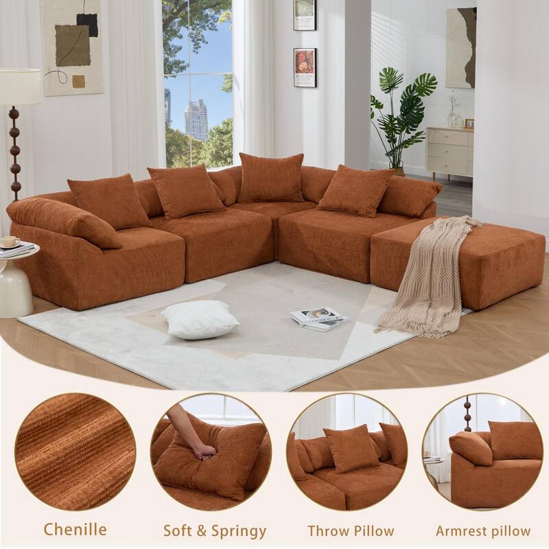 GDFStudio - Chenille L-Shaped Modular 5-Seater Sectional Sofa with Ottoman