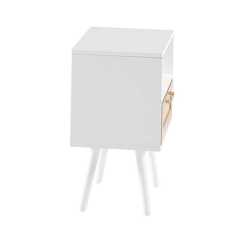 Rattan End Table Modern Black 15.7" Nightstand with Drawer and Solid Wood Legs, Bedroom Floor Organizer Display Cabinets
