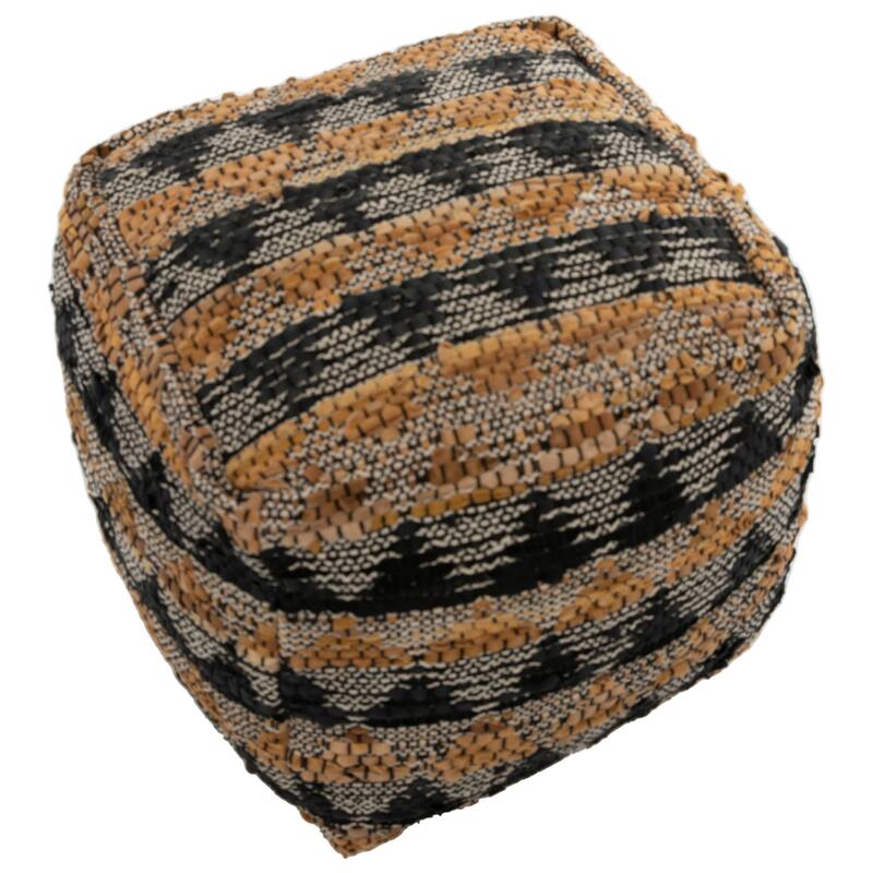 Fieldstone Handwoven Leather Upholstered Pouf, Brown/Black