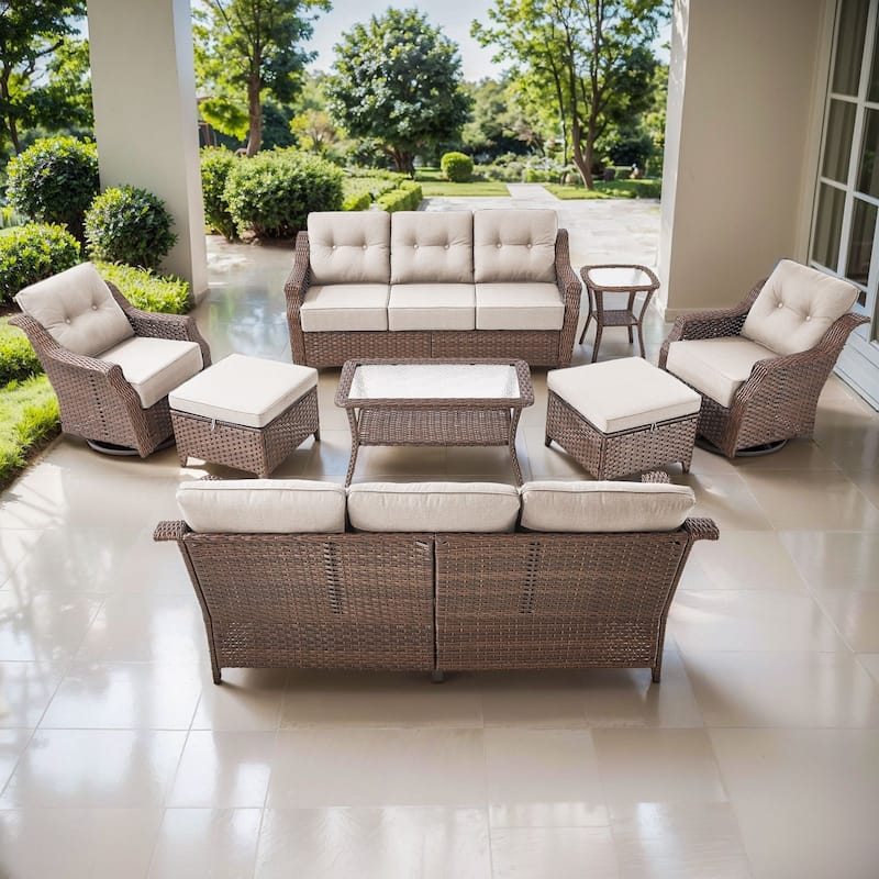 Artisan 8-Piece Patio Brown Wicker Sofa Conversation Set with 6-Inch Thick Cushions - Beige - Brown Wicker