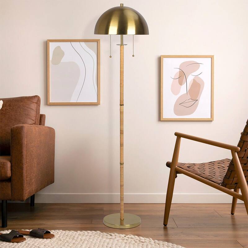 Stylish 2-Light Floor Lamp, Natural Rattan Tube, Double On/Off Zipper - Gold,Rattan
