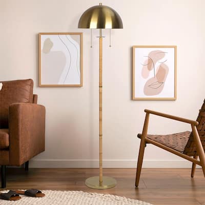 Stylish 2-Light Floor Lamp, Natural Rattan Tube, Double On/Off Zipper - Gold,Rattan