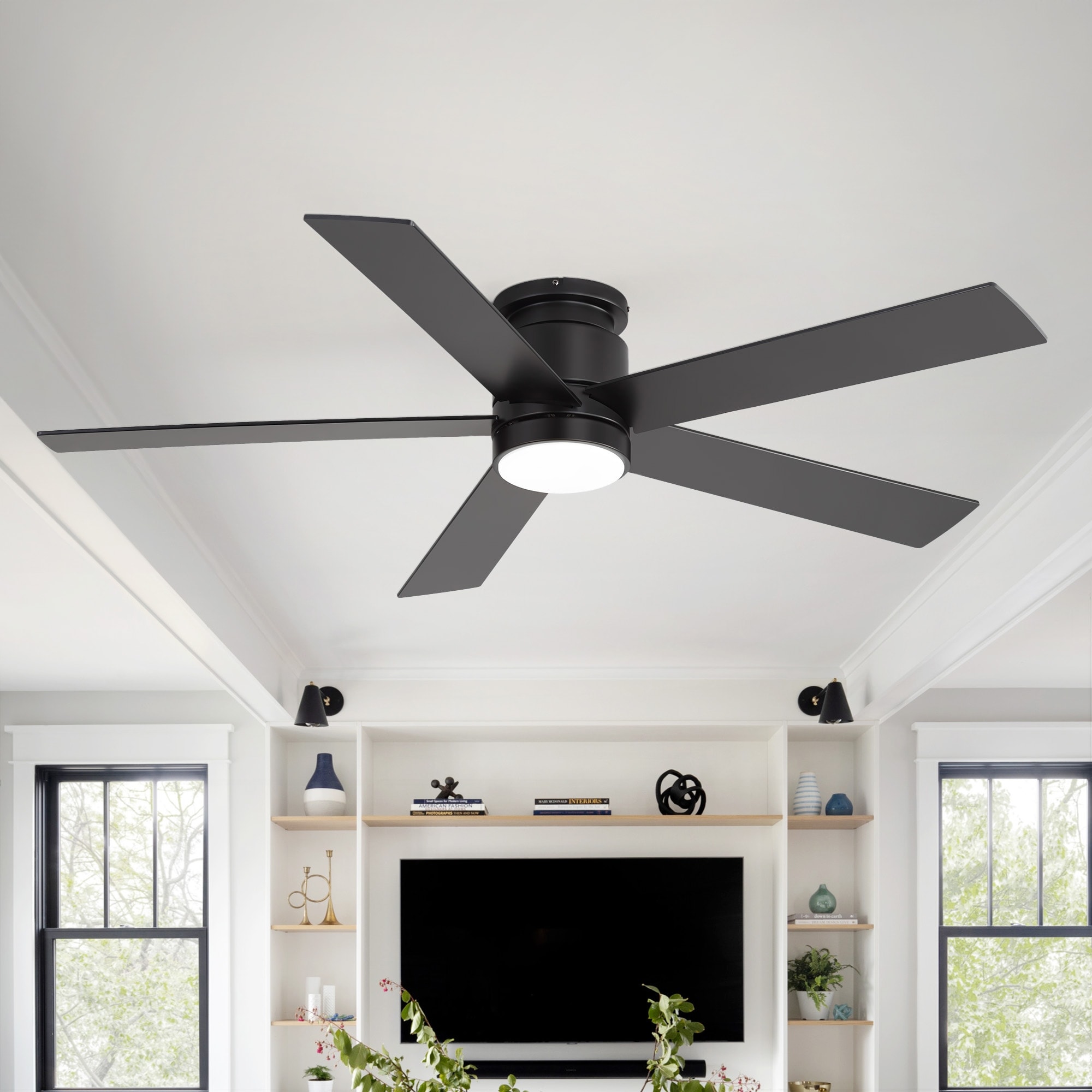 52 Inch Modern Smart Ceiling Fan with Lights, APP & Voice Control, Remote Control, Reversible DC Motor, Black Indoor Fan - 52 in