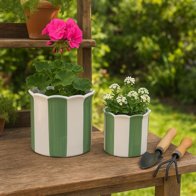 Ceramic Striped Flower Pots with Scalloped Edge - Set 2, 8", 6" - 8.0"