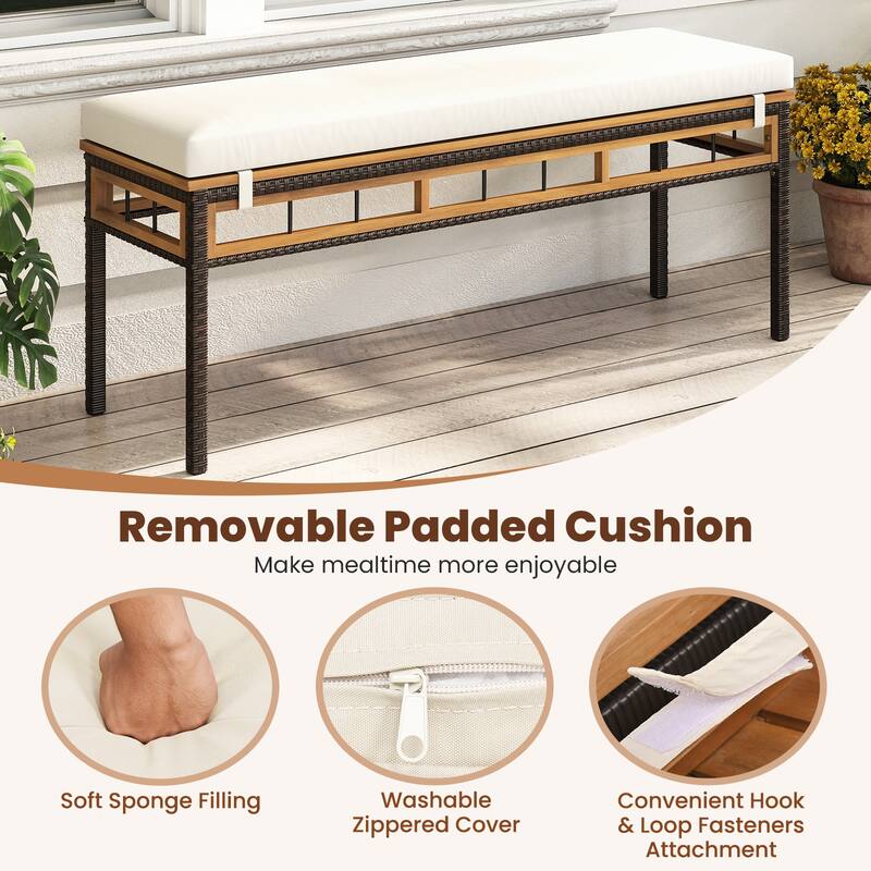 Gymax Set of 6 Acacia Wood Table Backless Bench 4 Armchairs w/1.97''