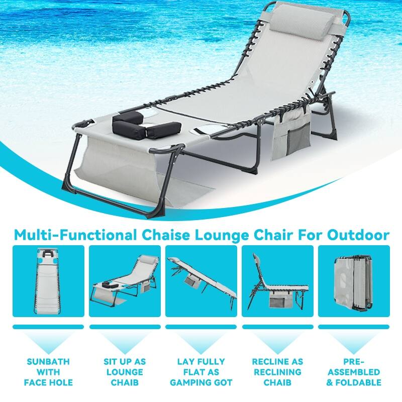 Chaise Lounge Chair Set of 2, 5-Position Adjustable Sunbathing, Foldable Tanning Chair with Face & Arm Holes - 2-Piece