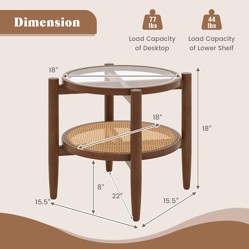 Gymax 2-Tier Round Side End Table PE Rattan Sofa Nightstand Tempered