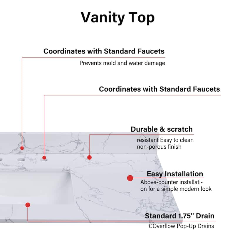 Enchantlace 73 Inch Engineered Marble Vanity Top with Double Sink