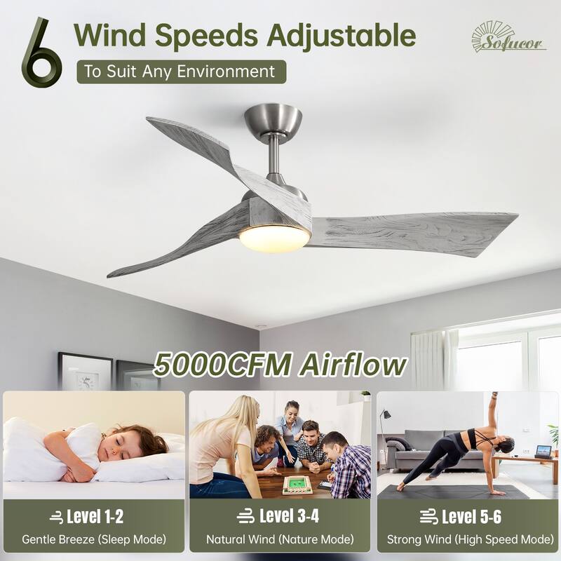 52"Solid Wood Ceiling Fan with Light Optional, 6-Speed Reversible DC Motor and Remote control,Smart Optional