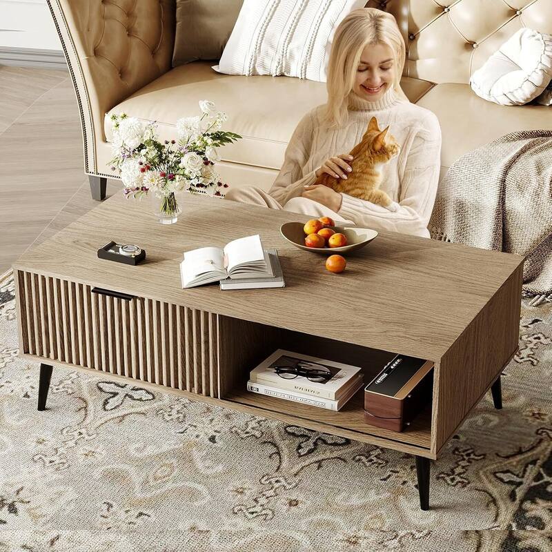 2-Tier Farmhouse Coffee Table with Storage for Living Room, Office - N/A - Natural