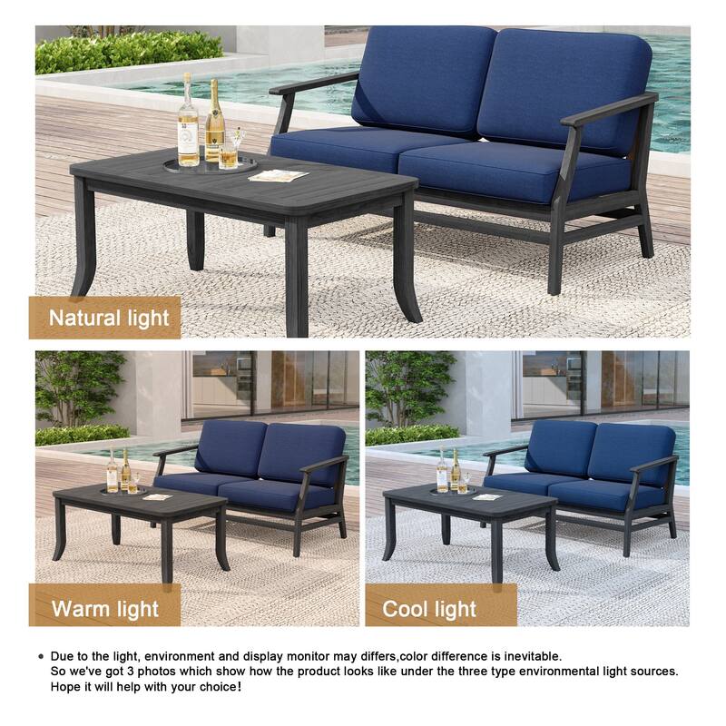 Teak Wood Patio Outdoor Loveseat Sofa and Coffee Table Set