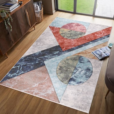 Elpida Collection Ivory, Tan, Grey, Blue, and Rust Geometric Rug