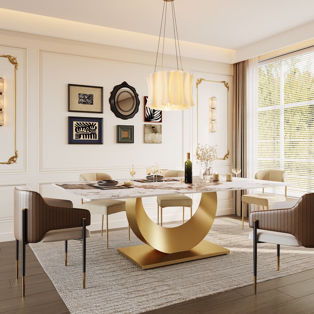 Luxury Kitchen Table with Snowy White Pandora Sintered Stone Tabletop, 79 Inches Sintered Stone Dining Table