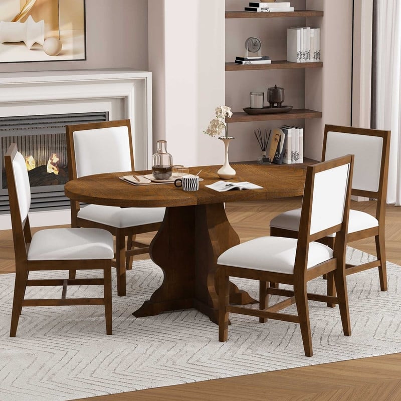 Farmhouse 5-Piece Dining Table Set with Upholstered Chairs and Extendable Dining Table for Dining Room, Kitchen and Living Room