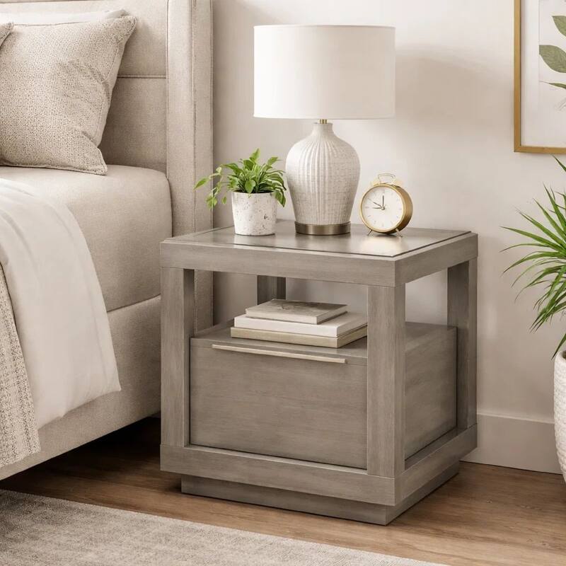 24 Inch End Table, 1 Drawer, Tempered Glass Surface, Plinth Base, Warm Gray