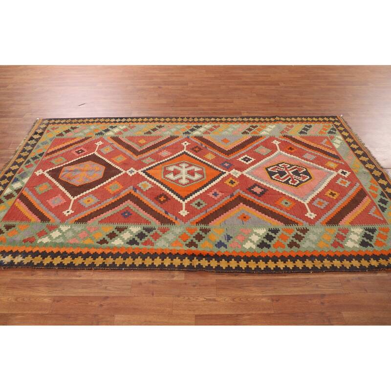 Kilim Qashqai Persian Vintage Rug Flatweave Orange Wool Carpet - 5'0"x 8'11"