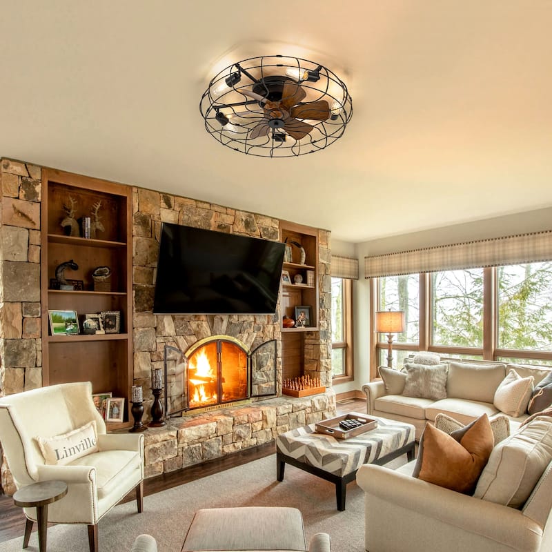 16.5"/19"/20"/23.6" Vintage Distressed White Low Profile Ceiling Fan with Remote (7/6-Blade)