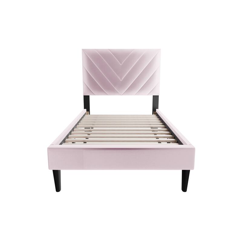 Adjustable Velvet Twin Bed with V-Stitch Headboard & 12-Slat Support