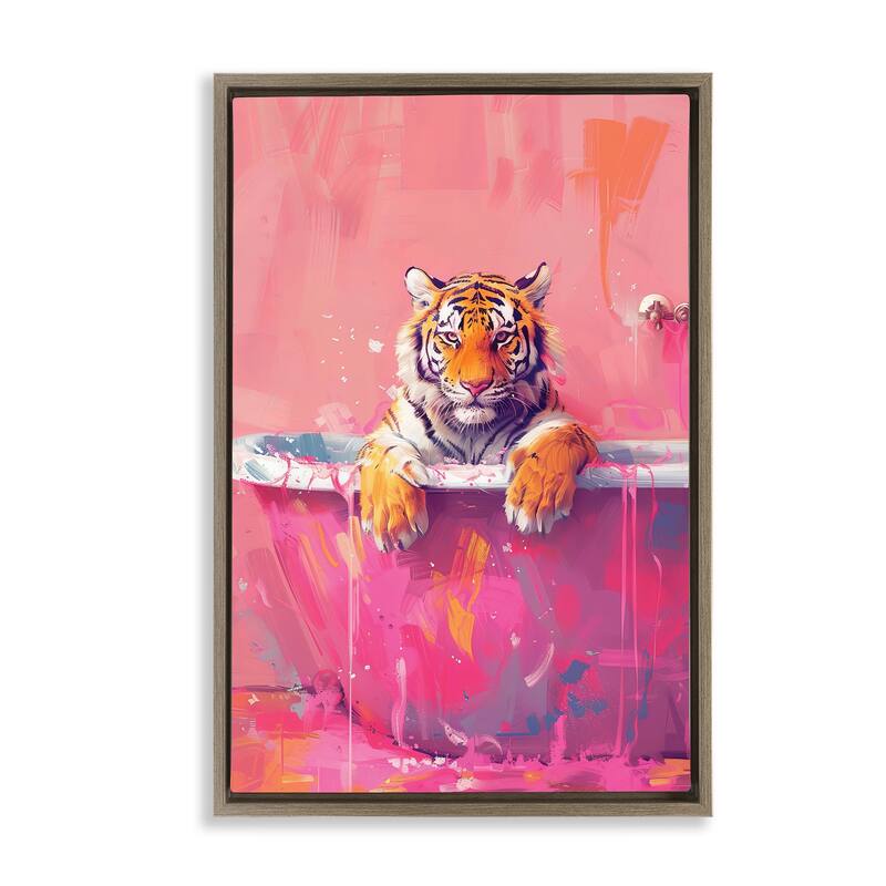 Stupell Bright Bathing Tiger in Tub Framed Floater Canvas Wall Art Design By LSR Design Studio - 17 x 25 - Brown