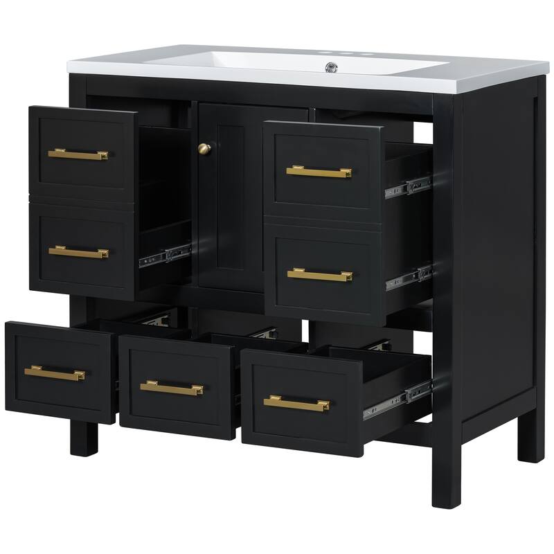 GDFStudio - Rivinia Modern Freestanding Bathroom Vanity Set with Resin Sink and 5 Drawers & Soft Closing Doors - 36'W