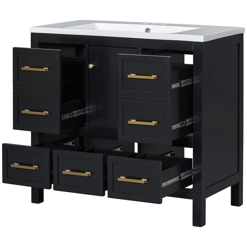 Roomfitters 36" Vanity with Resin Sink, Solid Wood Cabinet with 5 Drawers and Soft Closing Doors, Freestanding Storage Set