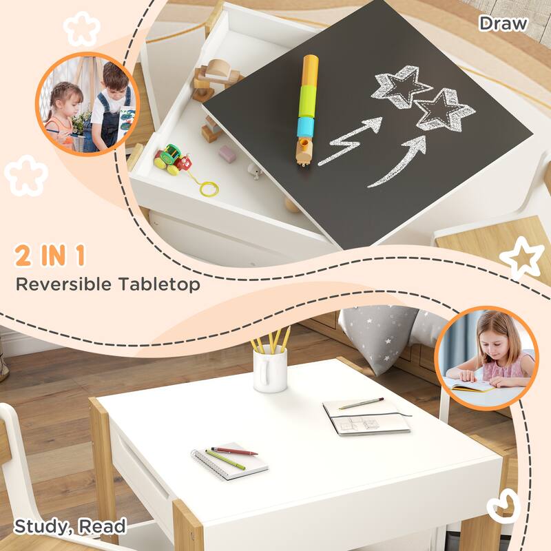 3 Piece Kids Table and Chair Set,2 in 1 Toddler Table and Chair Set with Reversible Tabletop Blackboard