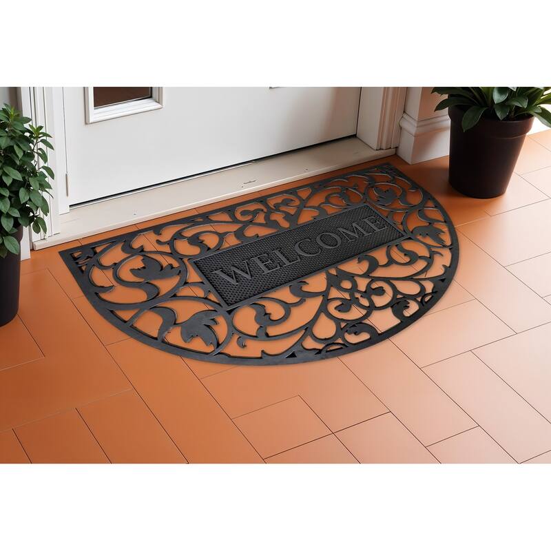 HomeRoots 24" X 36" Black Scrollwork Welcome Semi Circle Outdoor Rubber Door Mat - 24' X '36 - 24' X '36