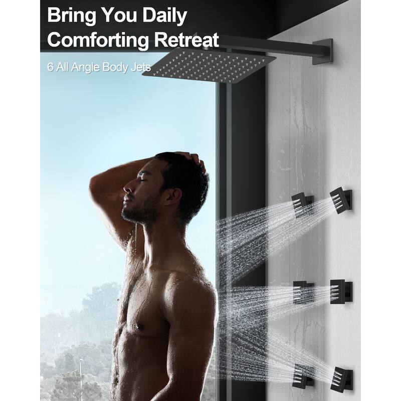 GRANDJOY 12 Inch Wall Mounted Digital Temperature Display Shower System Rainfall Shower Head with 6 Body Jets