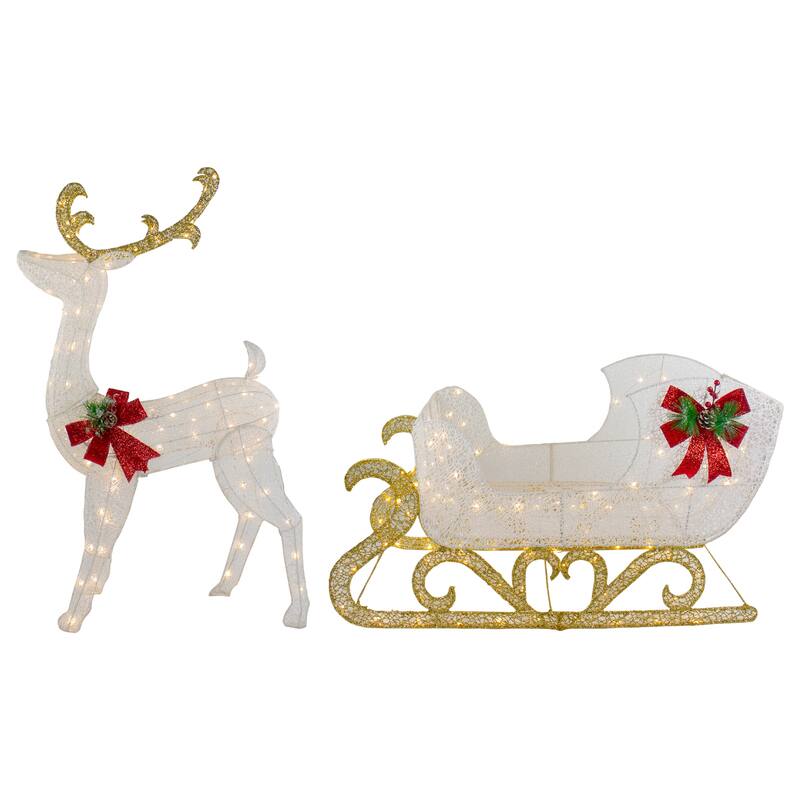 48" LED Glitter Reindeer with Sleigh Outdoor Christmas Decoration - White