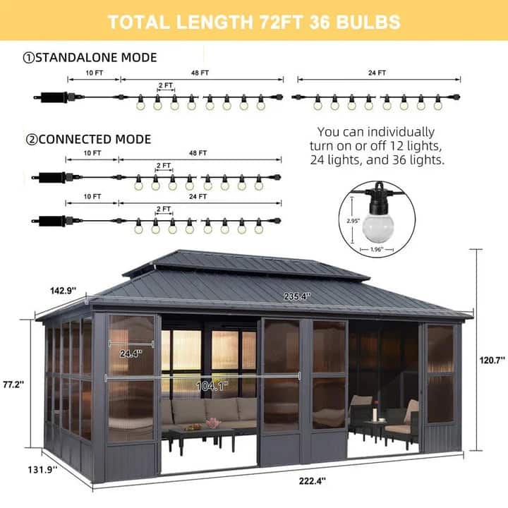 PURPLE LEAF Double Top Outdoor Wood Grain Sunroom All-Weather Screen House Patio Hardtop Gazebo