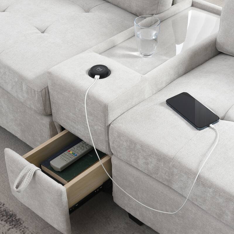 104" Chenille U-Shaped Sectional Sofa with 2 Acrylic Tables, USB Charging and Storage Ottoman