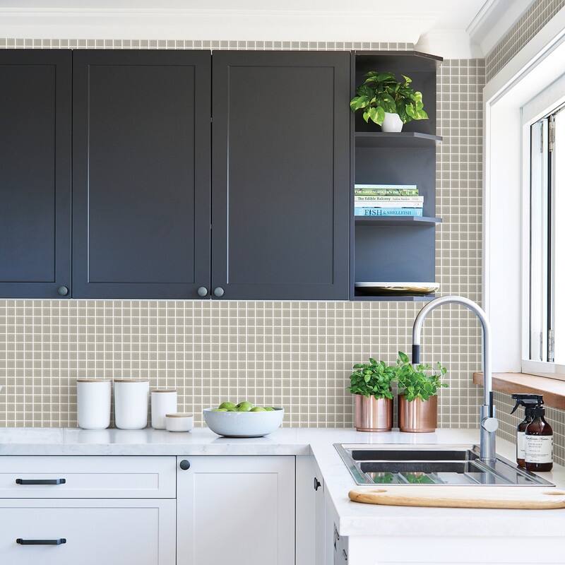 Brewster Crystalline Taupe Glass Tile Wallpaper - 20.5in x 396in x 0.025in