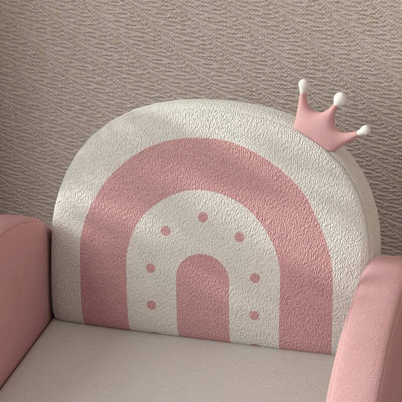 Pink Toddler Rocking Chair with Velvet Seat and Rainbow Pattern Crown Decoration for Bedrooms or Playroom
