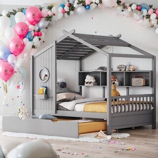 Full Size Wooden House Bed With Trundle With Storage Shlef for Home