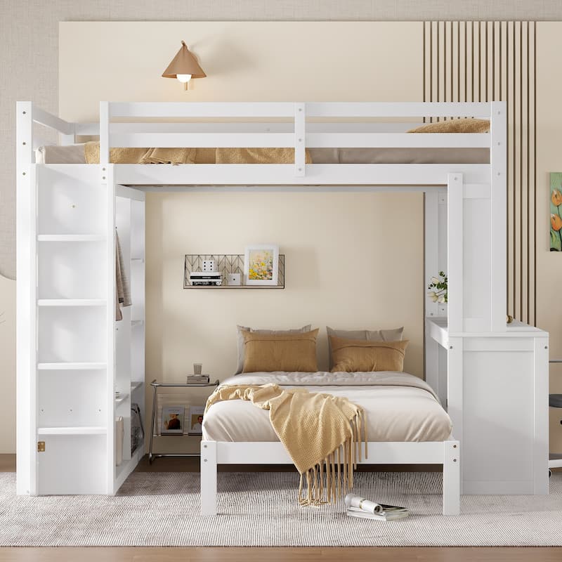 Queen Size Loft Bed & Twin Size Platform Bed Set, Wood Bunk Bed with Built-in Desk, Open Shelves and Wardrobe, Queen Over Twin