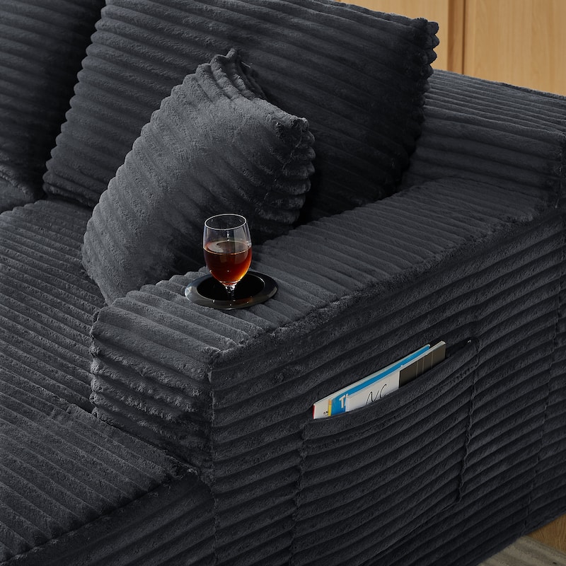 Minimalist Modular Lounge Couch U-shaped Sectional Sofa with Chaise, Corduroy Sleeper Sofa Bed with Side Pockets and Cup Holders