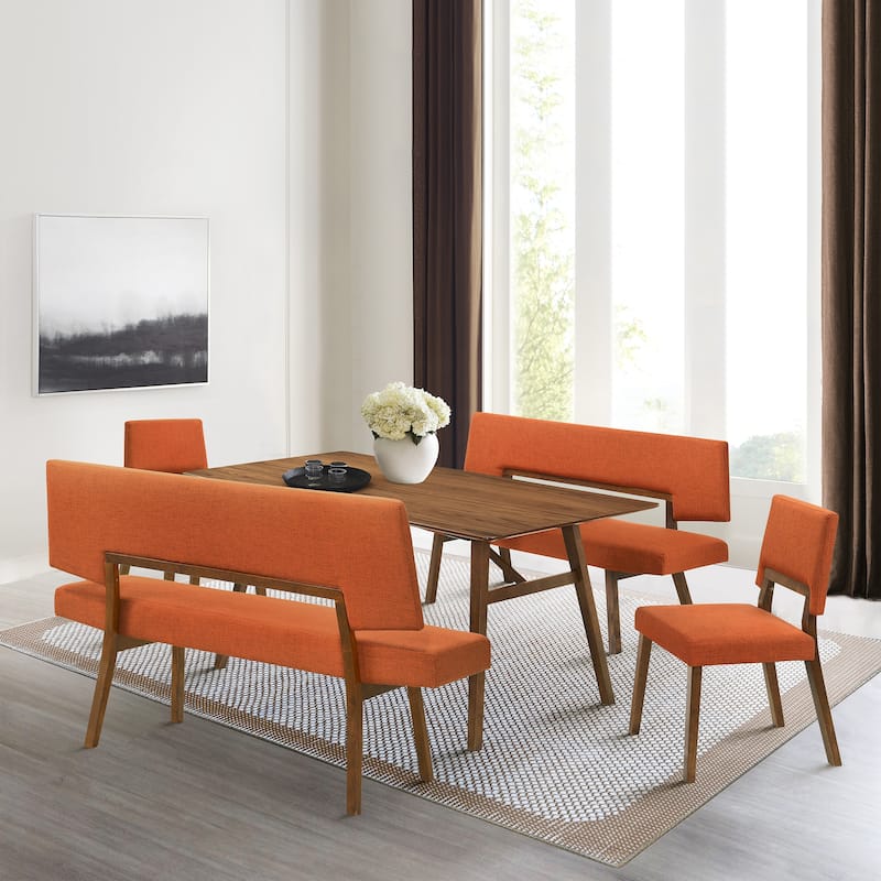 Channell 5 Piece Wood Dining Table Set with Benches - Orange/Walnut