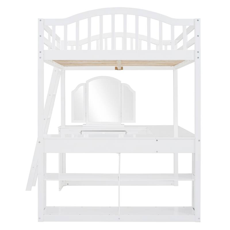White Full Wooden Loft Bed with U-shaped Desk and Storage Compartments