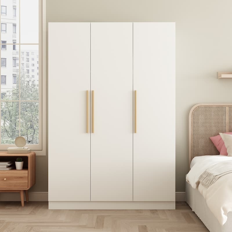 Timechee 47.2" Armoire Clothes Storage Solid Wood Handles Wardrobe White
