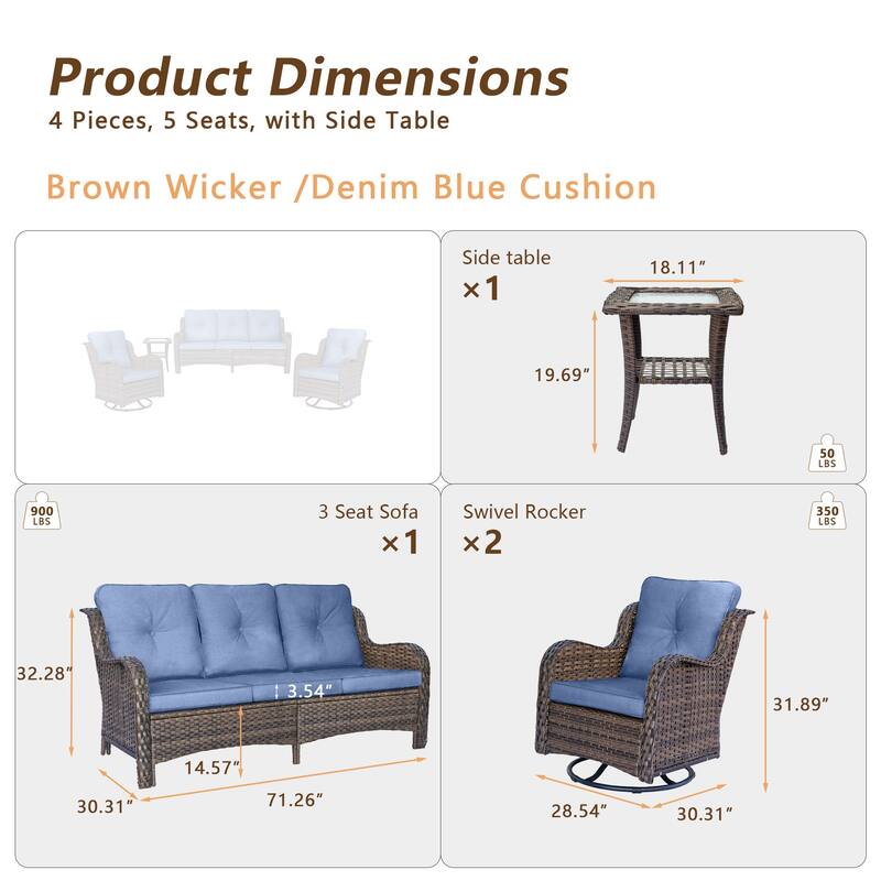 High Back 4-Piece Outdoor Wicker Patio Furniture Seating Sofa Set with Swivel Chairs