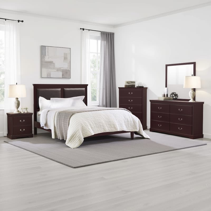 Balli 4 Piece Queen Size Bedroom Set, Black Leather Panel Padding, Cherry Brown