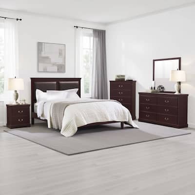 Balli 4 Piece Queen Size Bedroom Set, Black Leather Panel Padding, Cherry Brown