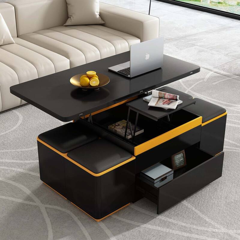 Multi-Functional Lift-Top Coffee Table with 4 Storage Stools,with Foldable Top,for Living Room