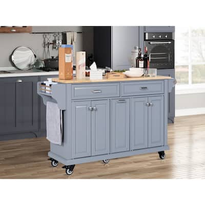 Kitchen Island with Rubber Wood Top, Portable Island Cart on Wheels, Rolling Cart with 2 Drawers & Adjustable Shelves