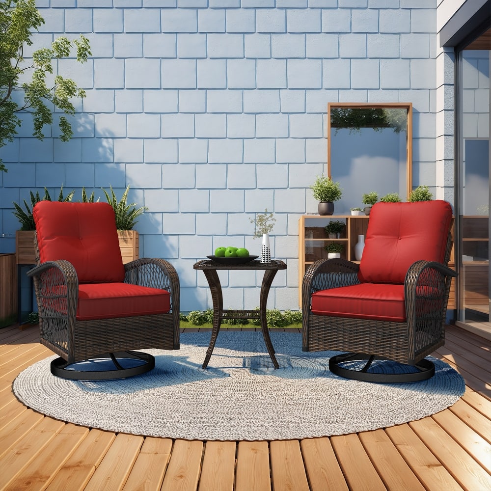 Outdoor Swivel Rocker Bistro Set - 3 Piece Wicker Patio Set with Swivel Rocking Chairs, Cushions, and Tempered Glass Side Table