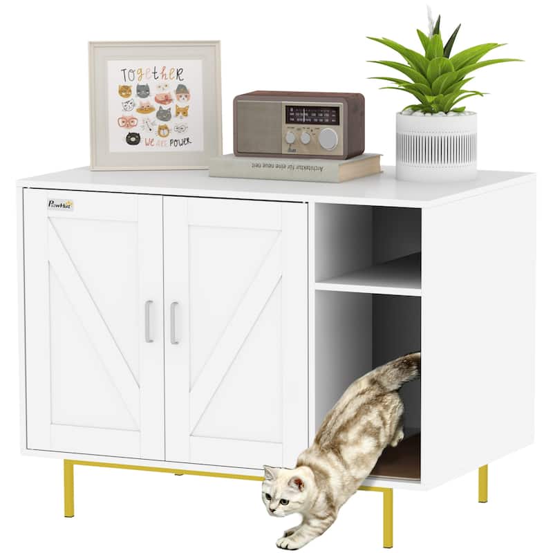 PawHut Cat Litter Box Enclosure, Kitty Litter Box Furniture with Scratching Pad, Storage, White - White