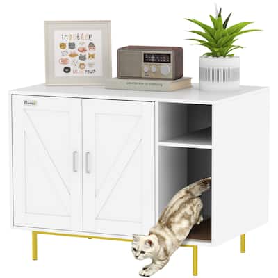 PawHut Cat Litter Box Enclosure, Kitty Litter Box Furniture with Scratching Pad, Storage, White
