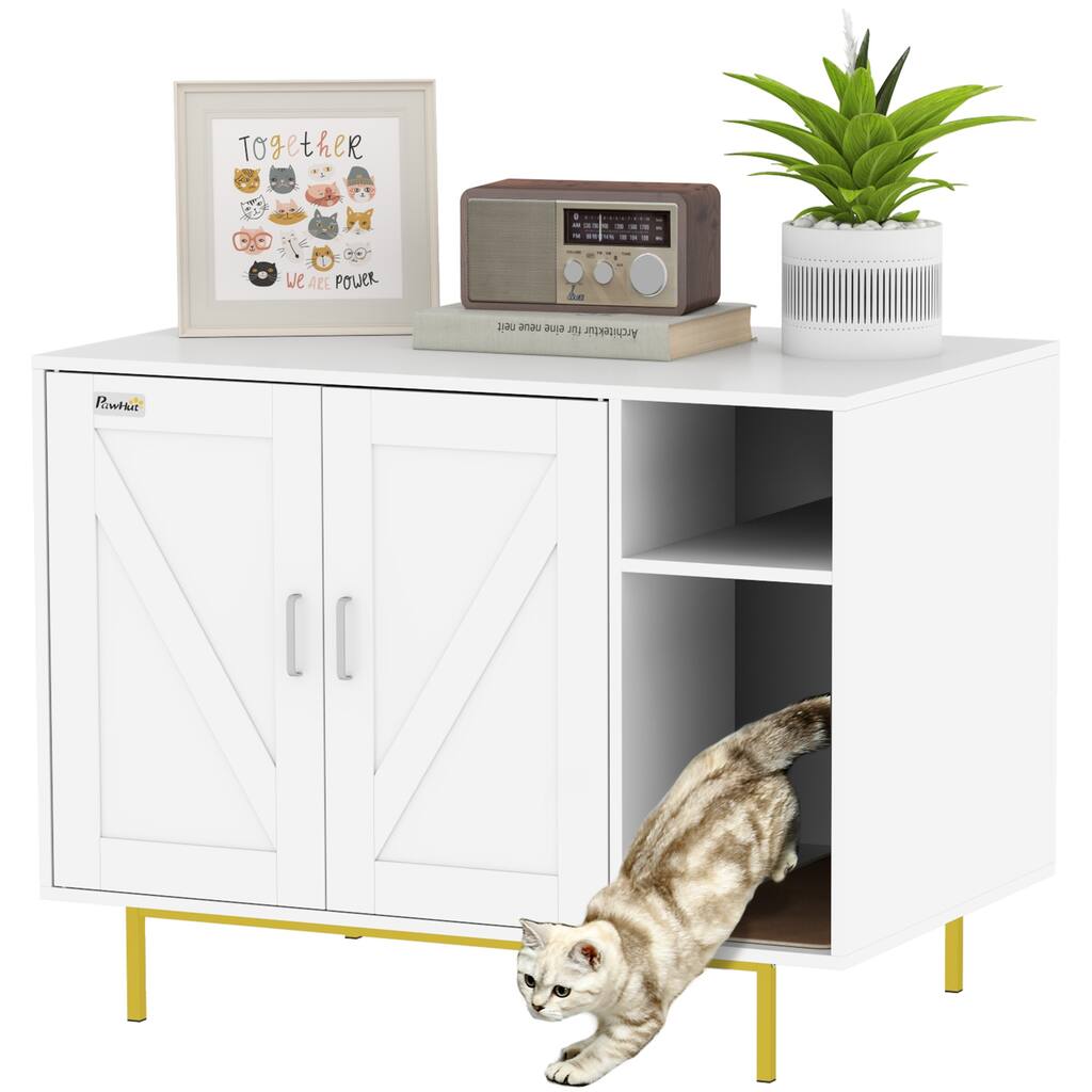 PawHut Cat Litter Box Enclosure, Kitty Litter Box Furniture with Scratching Pad, Storage, White