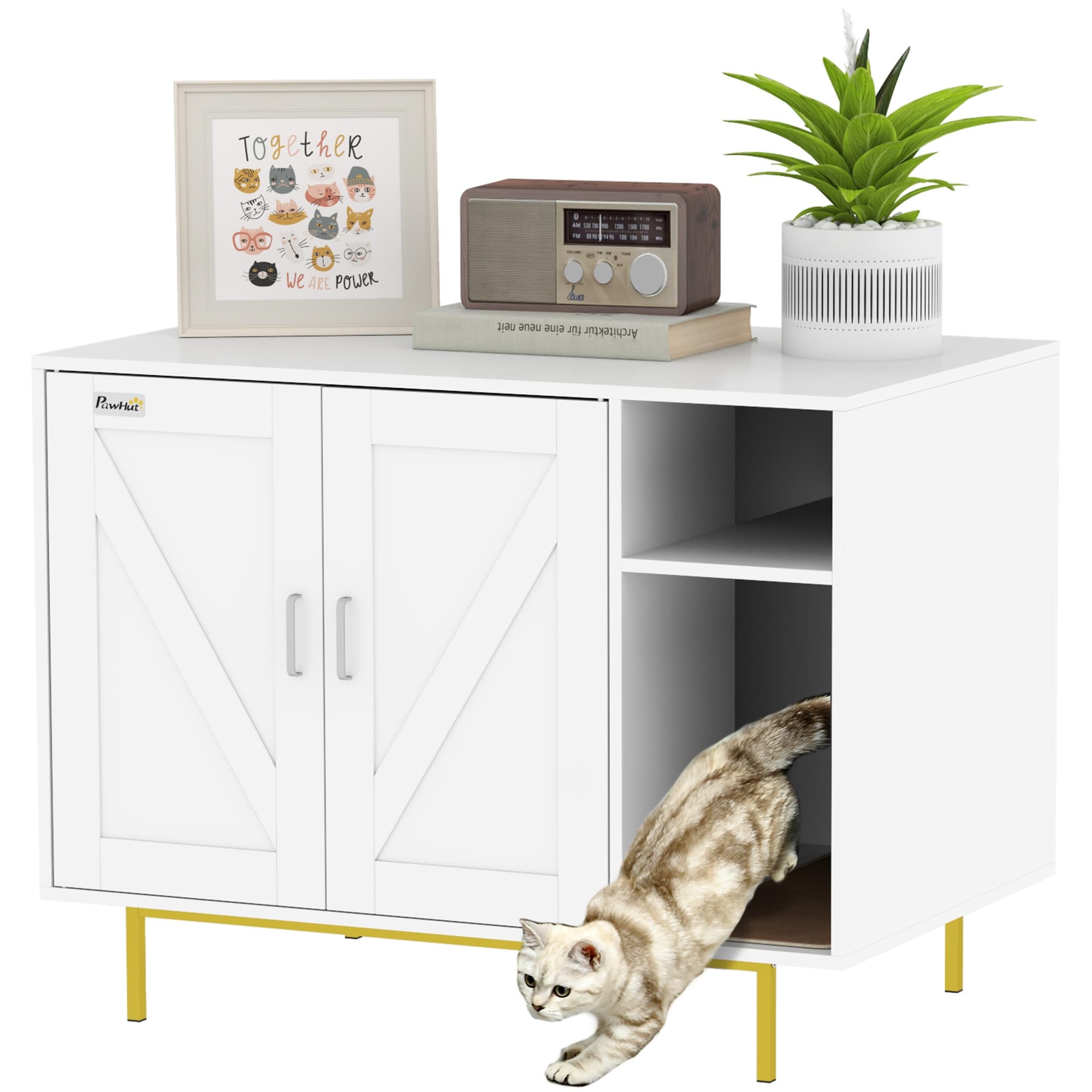 PawHut Cat Litter Box Enclosure, Kitty Litter Box Furniture with Scratching Pad, Storage, White